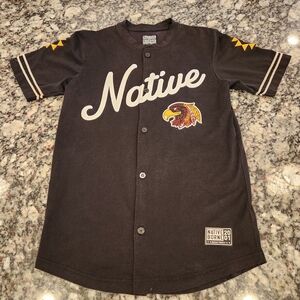 Native Borne We Built This City Men's Black Embroidered Graphic Baseball Jersey
